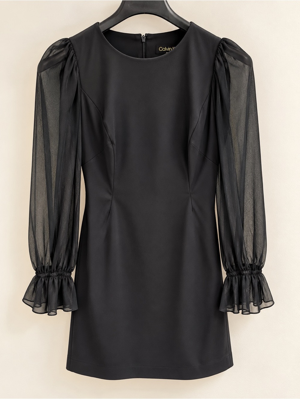 Calvin Klein Black Mini Dress with Sheer Bishop Sleeves faux leather spandex